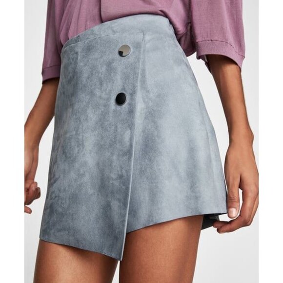 Zara Grey Faux Suede Button Wrap Drape Envelope Skort - Picture 6 of 6